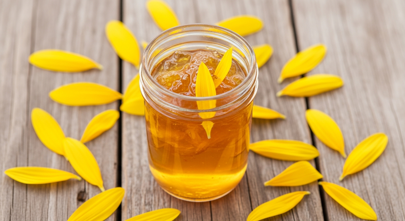 Golden sunflower petal jelly in a mason jar on rustic wood with fresh sunflower petals
