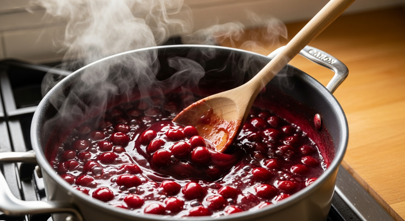 Cherry pie filling bubbling in a saucepan on the stove with a wooden spoon stirring