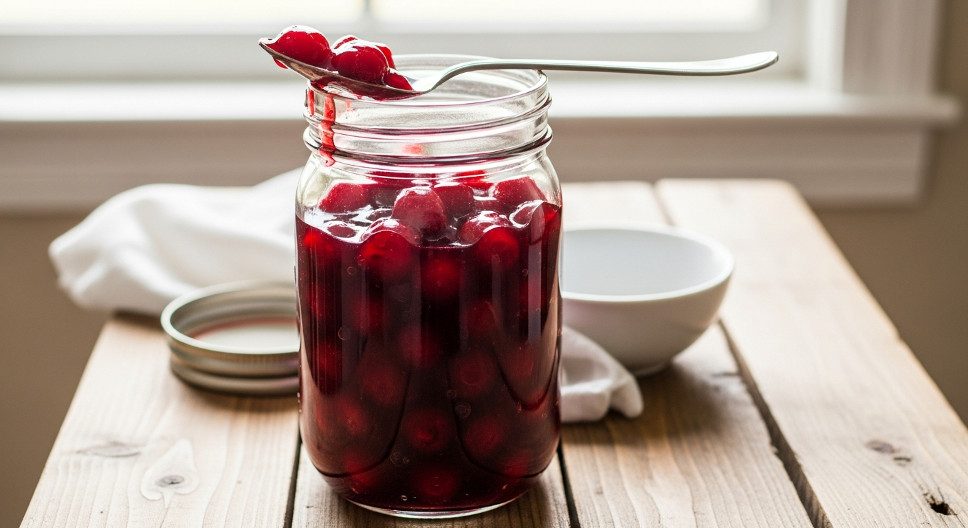 Thawed cherry pie filling in a wide-mouth mason jar on a wood surface ready to use
