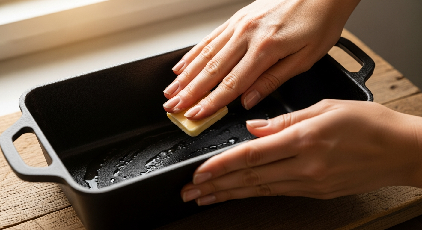 Hands rubbing butter across the inside of a cast iron loaf pan to grease it before baking bread