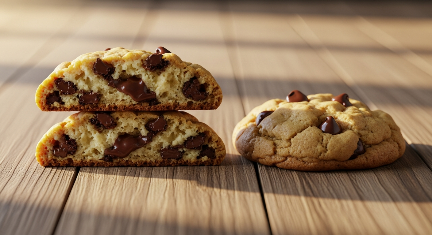 Honey chocolate chip cookies broken in half showing soft chewy interior crumb and melted chocolate chips