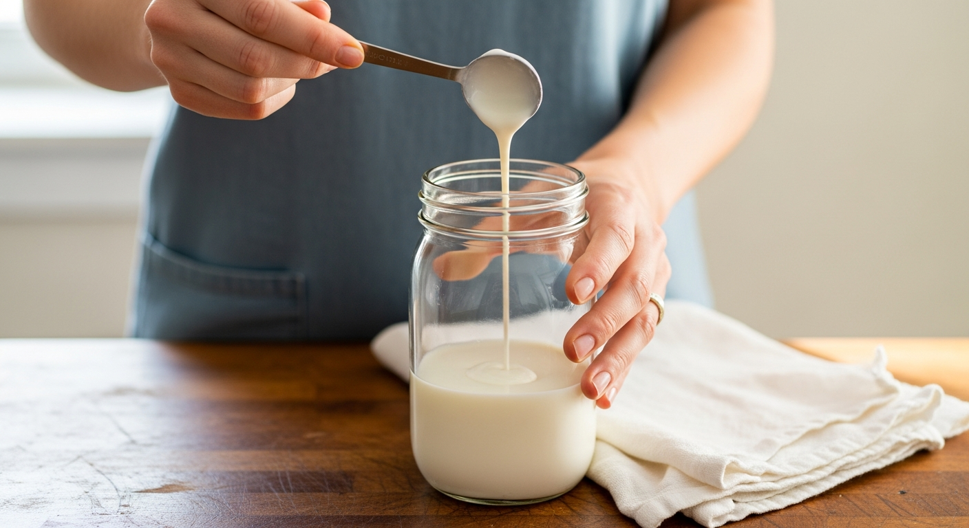Hands pouring cultured buttermilk starter into a mason jar of fresh milk on a warm wood counter