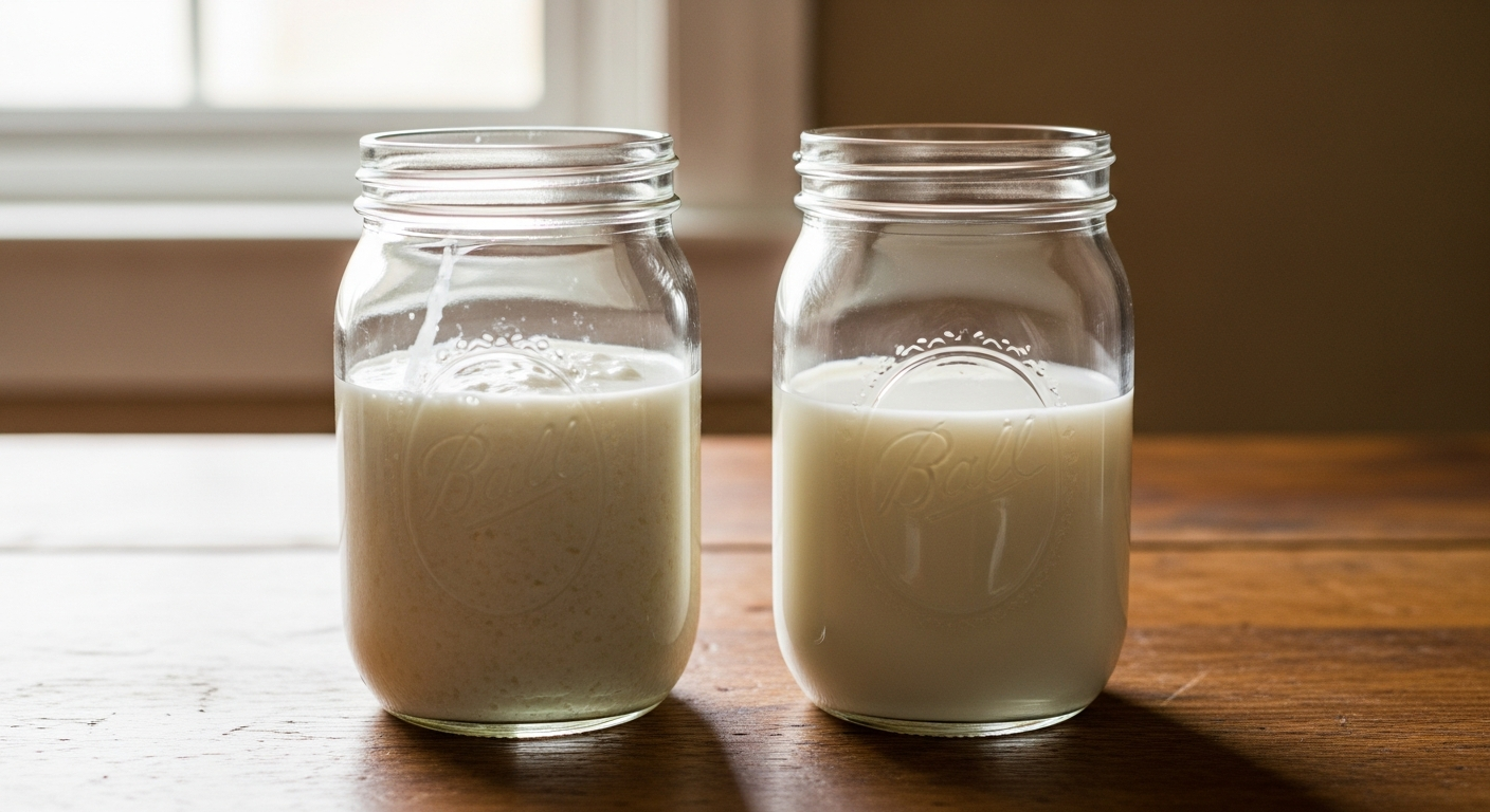 Two mason jars of cultured buttermilk side by side showing set thick buttermilk versus still-liquid milk