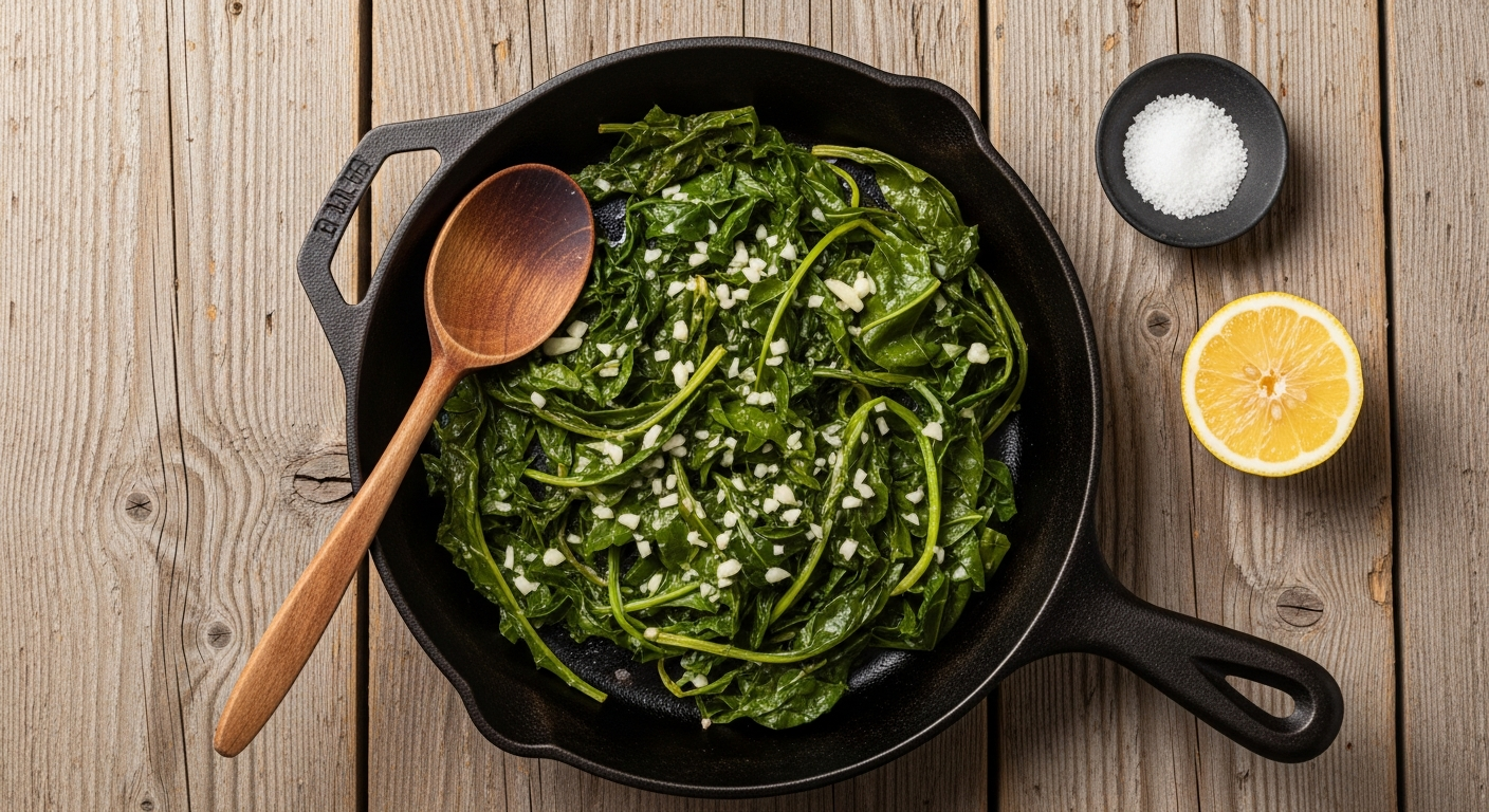 A cast iron skillet with glossy wilted curly dock greens cooked with butter and garlic, on a rustic wood plank surface with a wooden spoon