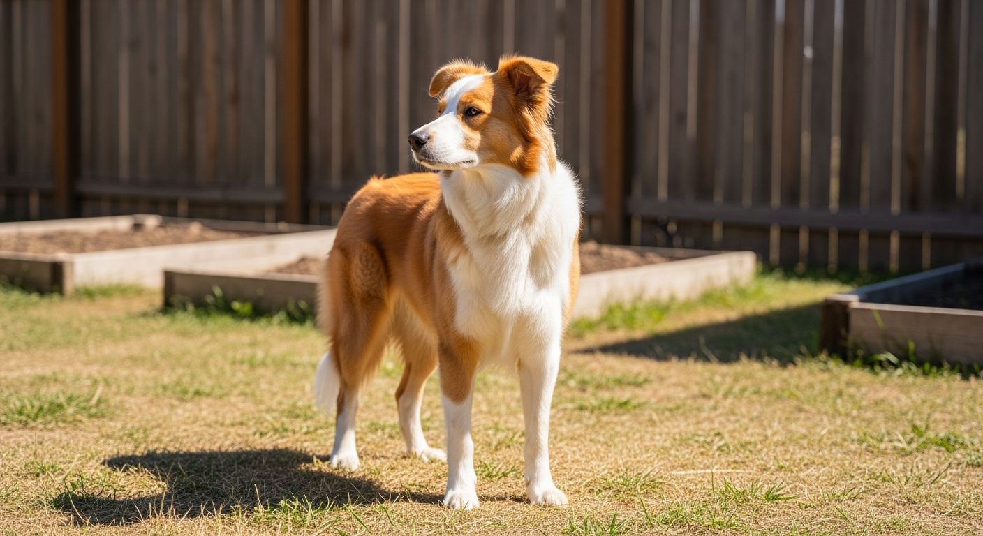 English Shepherd dog standing alert in a backyard homestead setting with wooden fence