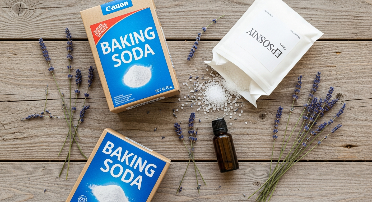 Epsom salt bag, baking soda box, and lavender essential oil arranged on a wood surface for a DIY bath recipe