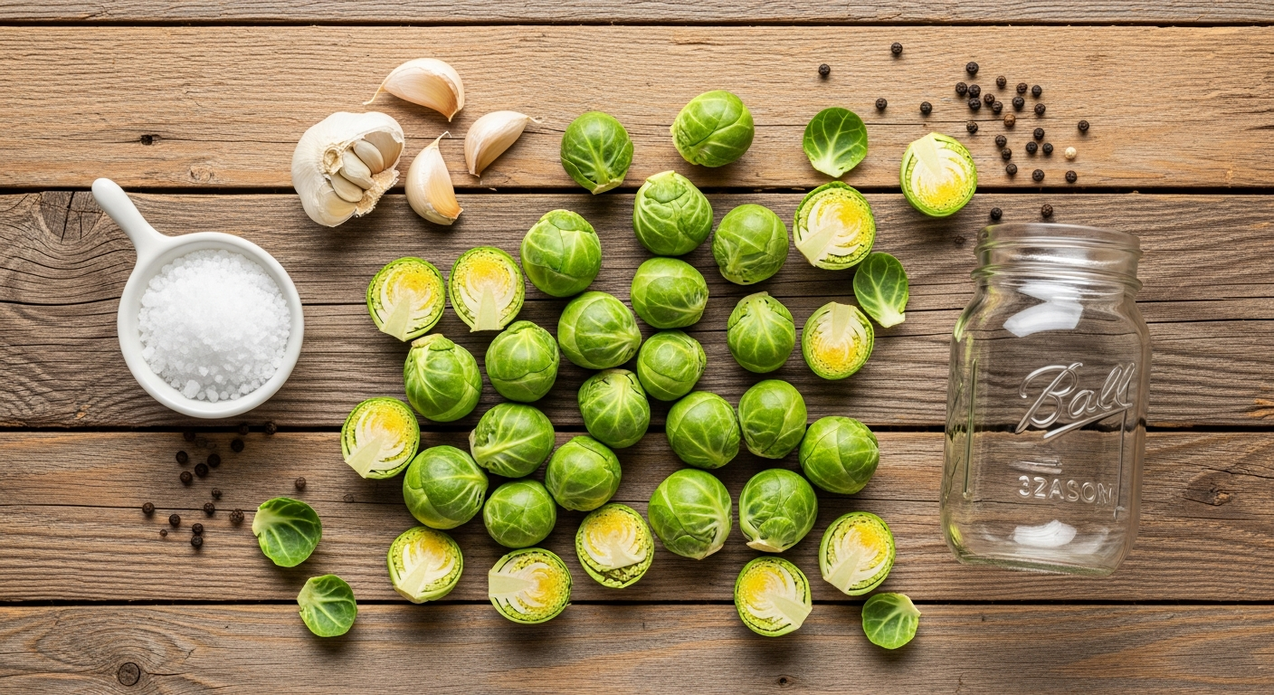 Overhead flat lay of fermented Brussels sprouts ingredients including fresh sprouts, garlic cloves, sea salt, and mason jar on rustic wood