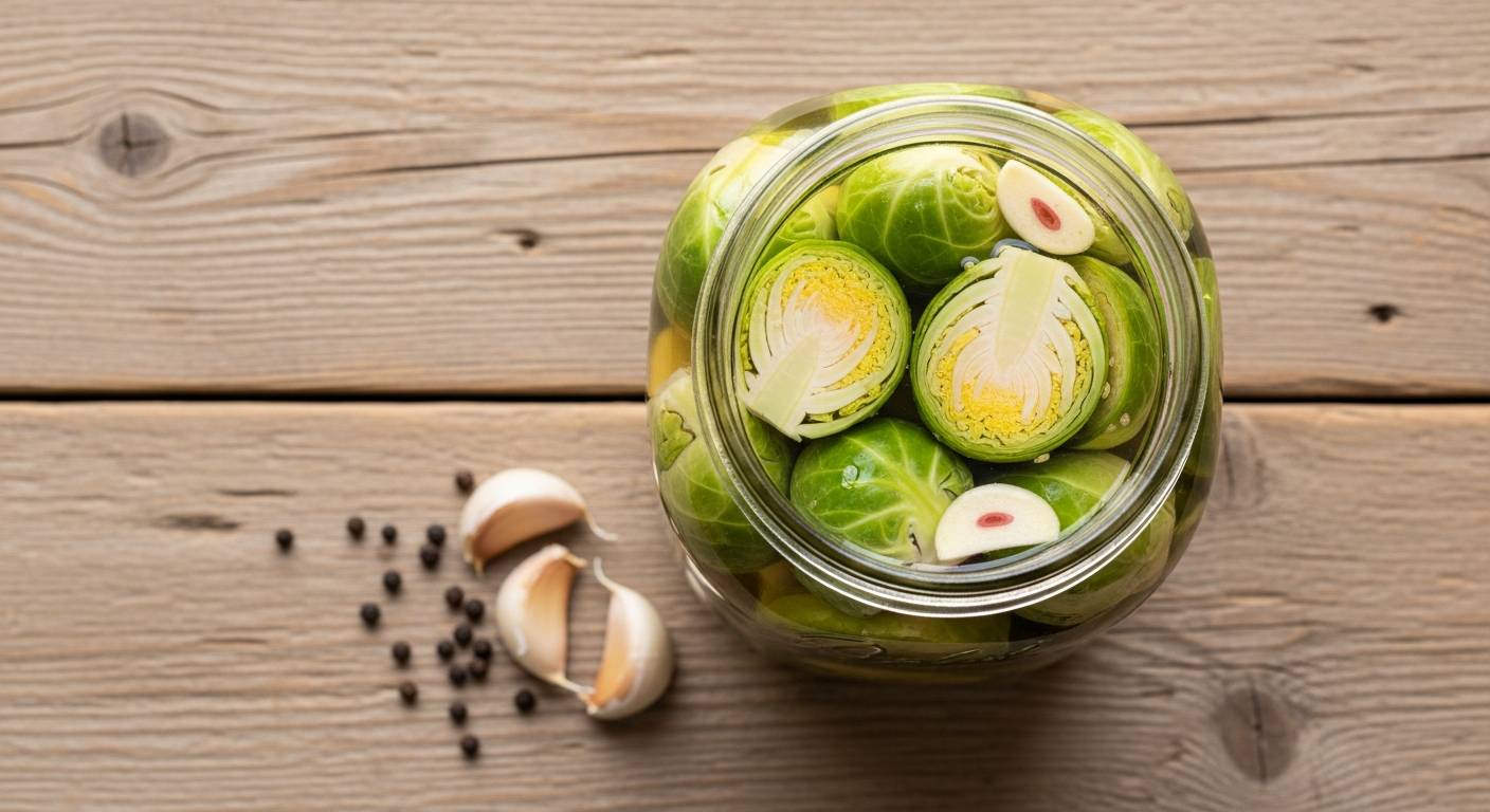 A mason jar of fermented Brussels sprouts on a rustic wood surface, cloudy brine with garlic cloves visible through the glass