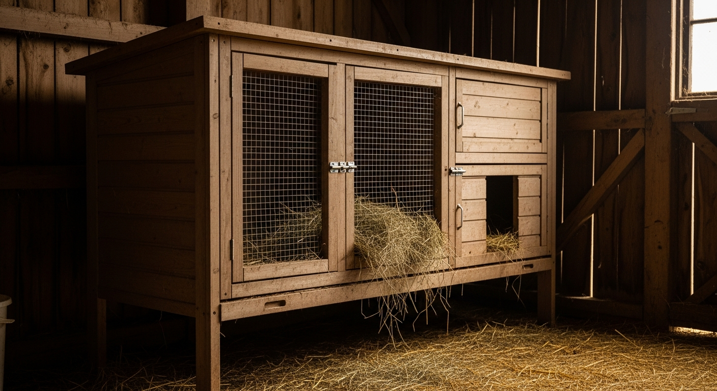 A large weathered wooden rabbit hutch against a barn wall with hay visible inside, showing a proper homestead setup for a Flemish Giant rabbit