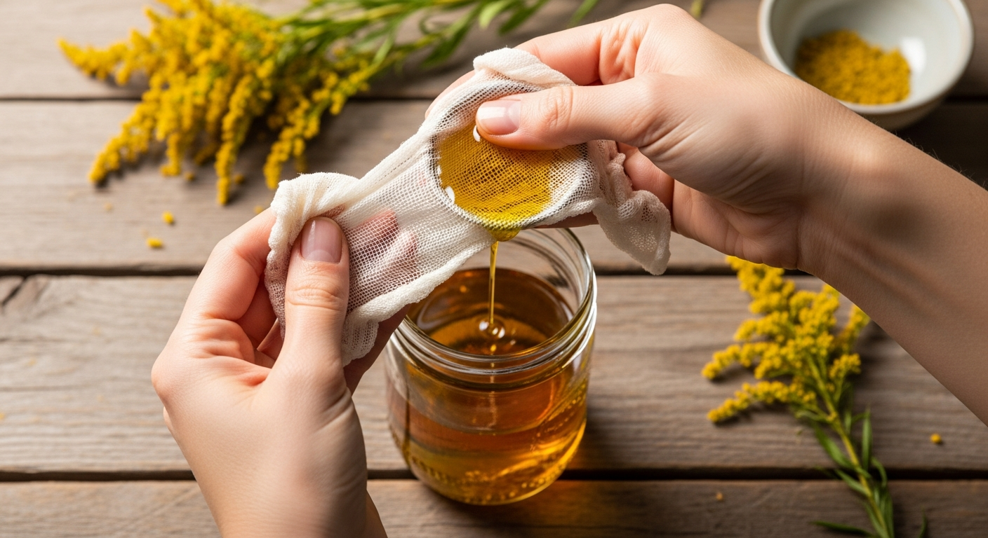 Hands straining golden goldenrod-infused oil through cheesecloth into a glass jar