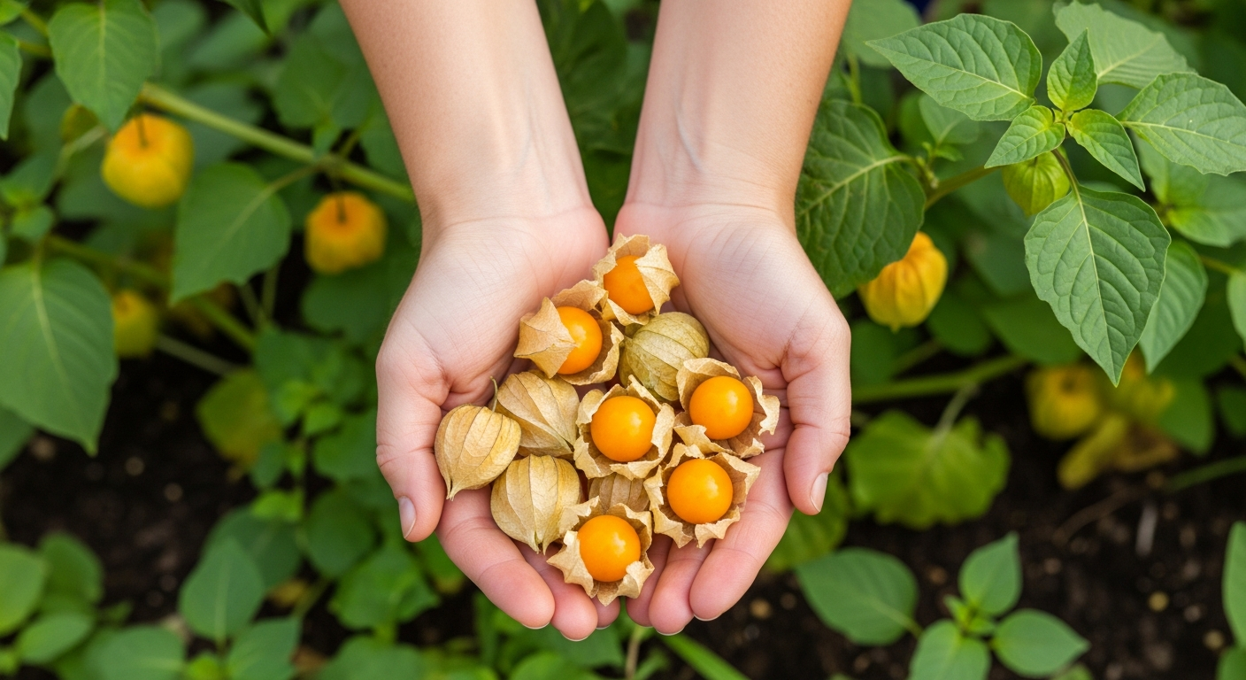 Hands holding a small harvest of ground cherries in papery husks from a summer garden