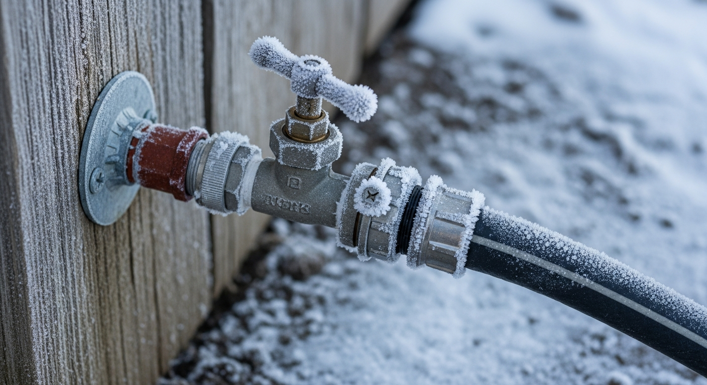 Close-up of heated livestock hose connection at outdoor spigot with frost on metal fittings