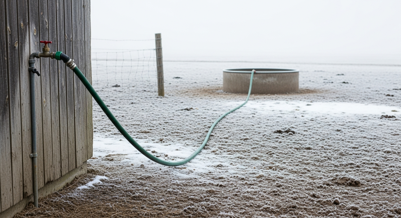 Heated water hose running from outdoor spigot to livestock water trough in winter farmyard