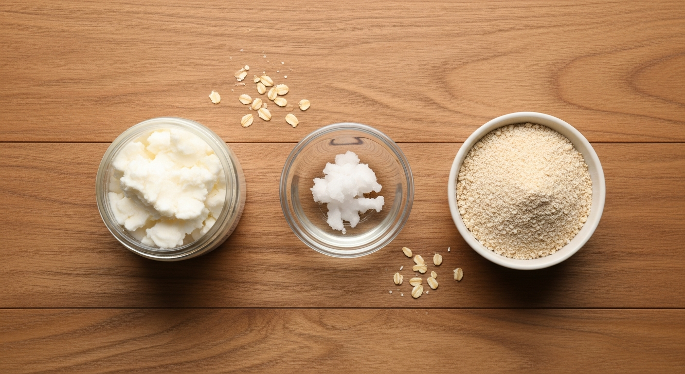 Three-ingredient baby eczema cream ingredients - shea butter, coconut oil, and ground oatmeal on wood surface