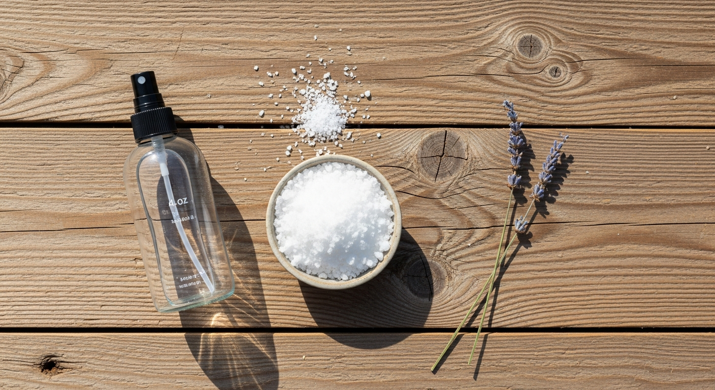 Magnesium chloride flakes in a bowl with glass spray bottle and lavender sprig for homemade magnesium spray