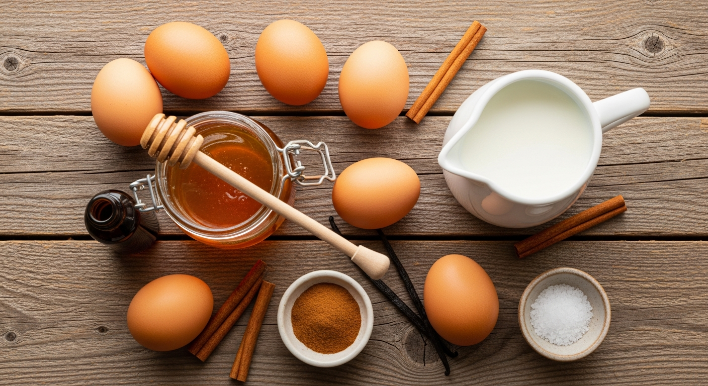 Honey custard ingredients flatlay - eggs, honey jar, milk, vanilla, and cinnamon on a rustic wood surface