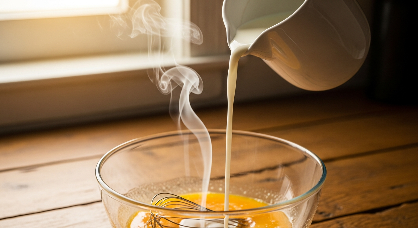 Hot milk being slowly poured into whisked eggs in a bowl, steam rising - the custard tempering step
