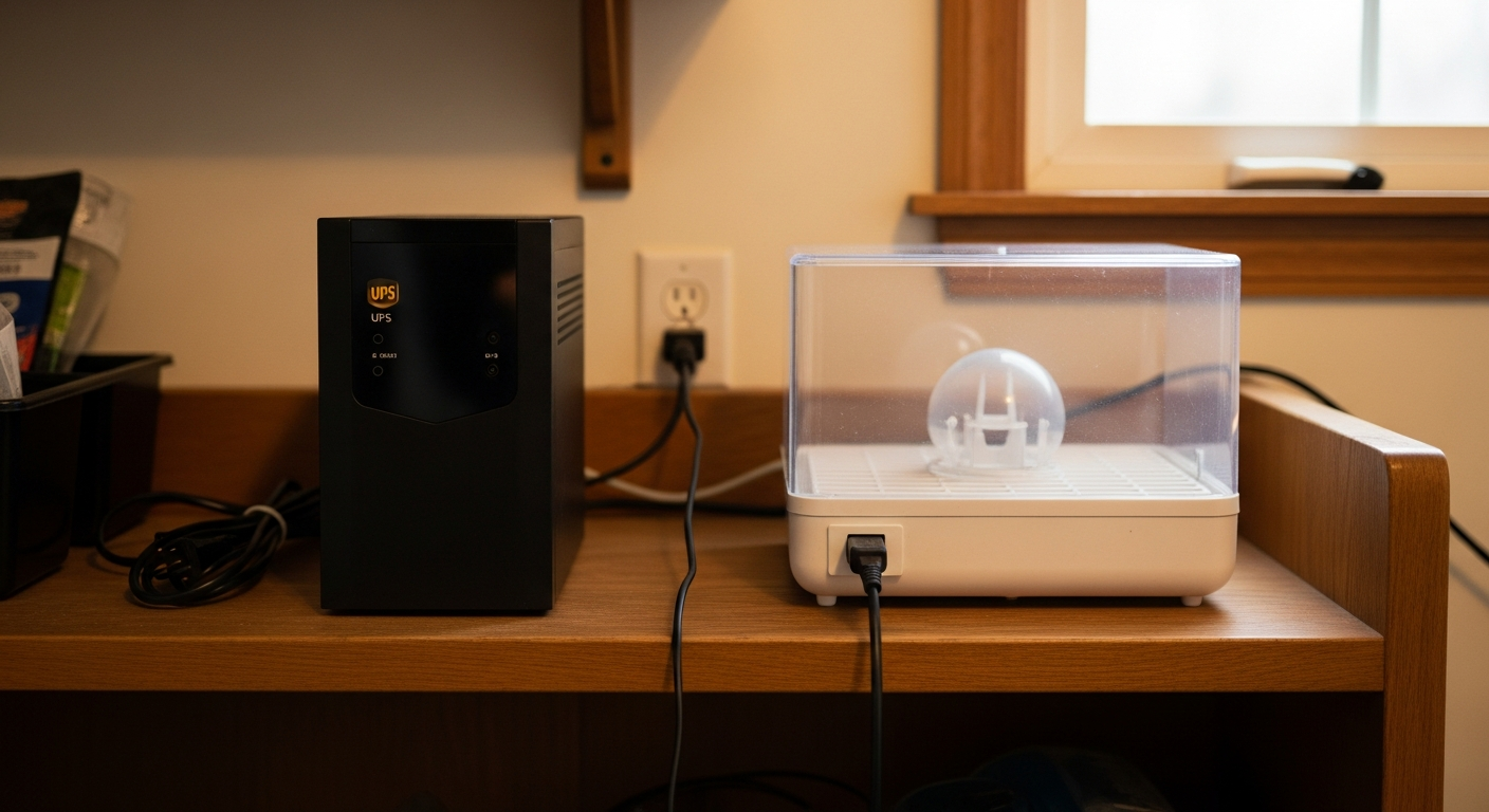 A small UPS battery backup unit and egg incubator sitting side-by-side on a wooden farmhouse shelf, cords neatly organized