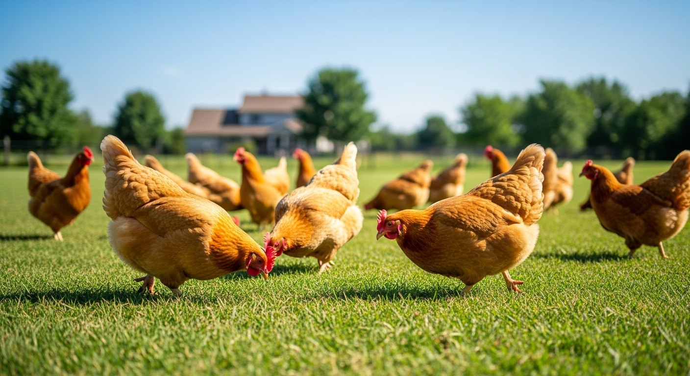 Chickens free-ranging happily in a grassy backyard yard far from the house