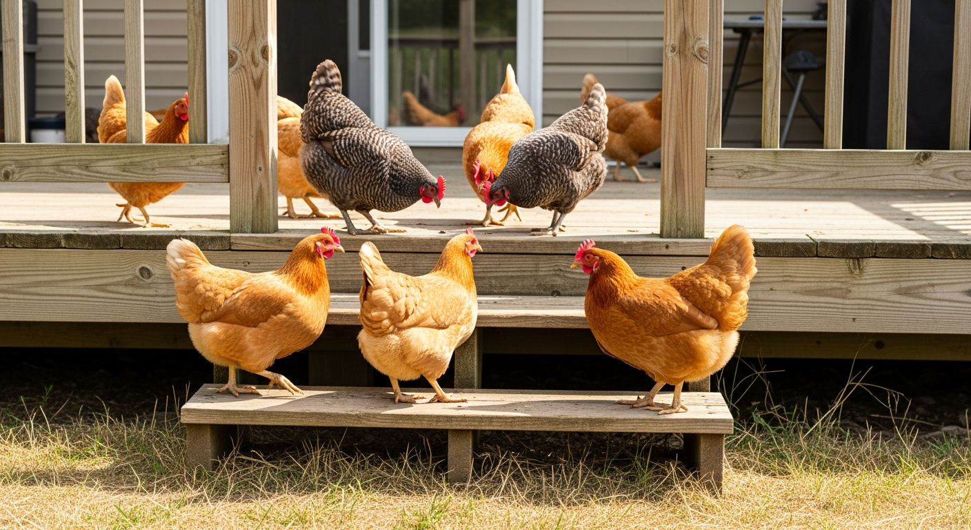 Chickens wandering on a wooden porch or deck, pecking around curiously