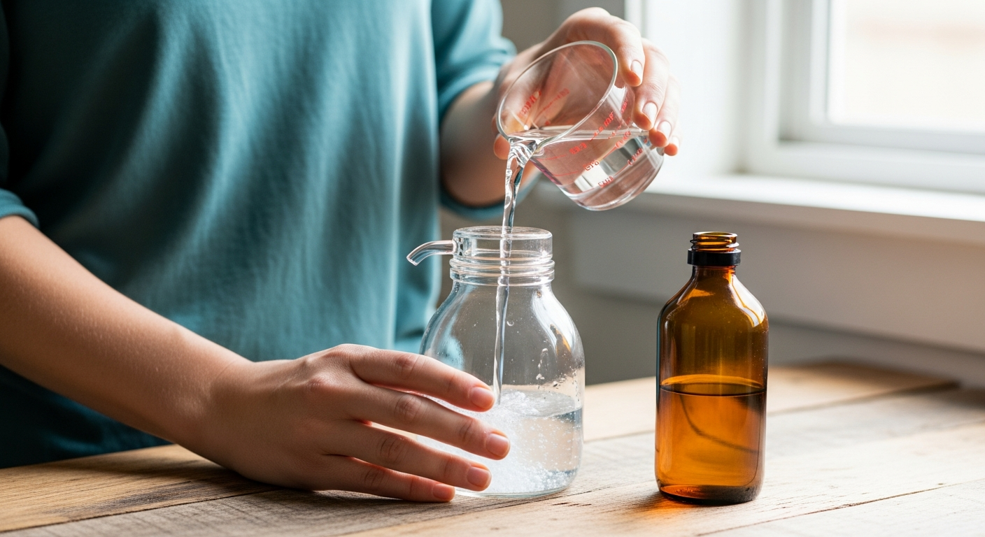 Hands pouring water into a glass foaming soap dispenser on a wood countertop