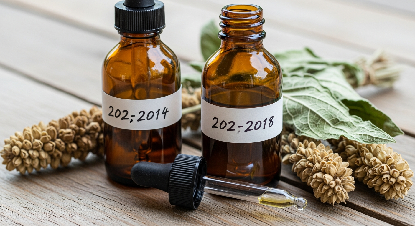 Two labeled amber glass tincture bottles stored on a wooden shelf with dried herbs nearby