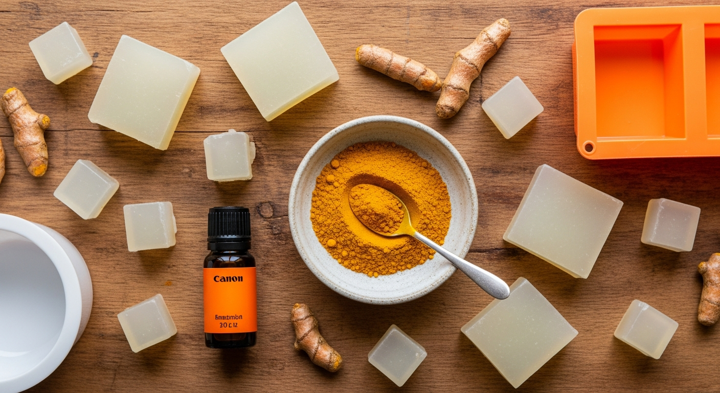Melt and pour turmeric soap ingredients flat lay with soap base, turmeric powder, and essential oil on wood