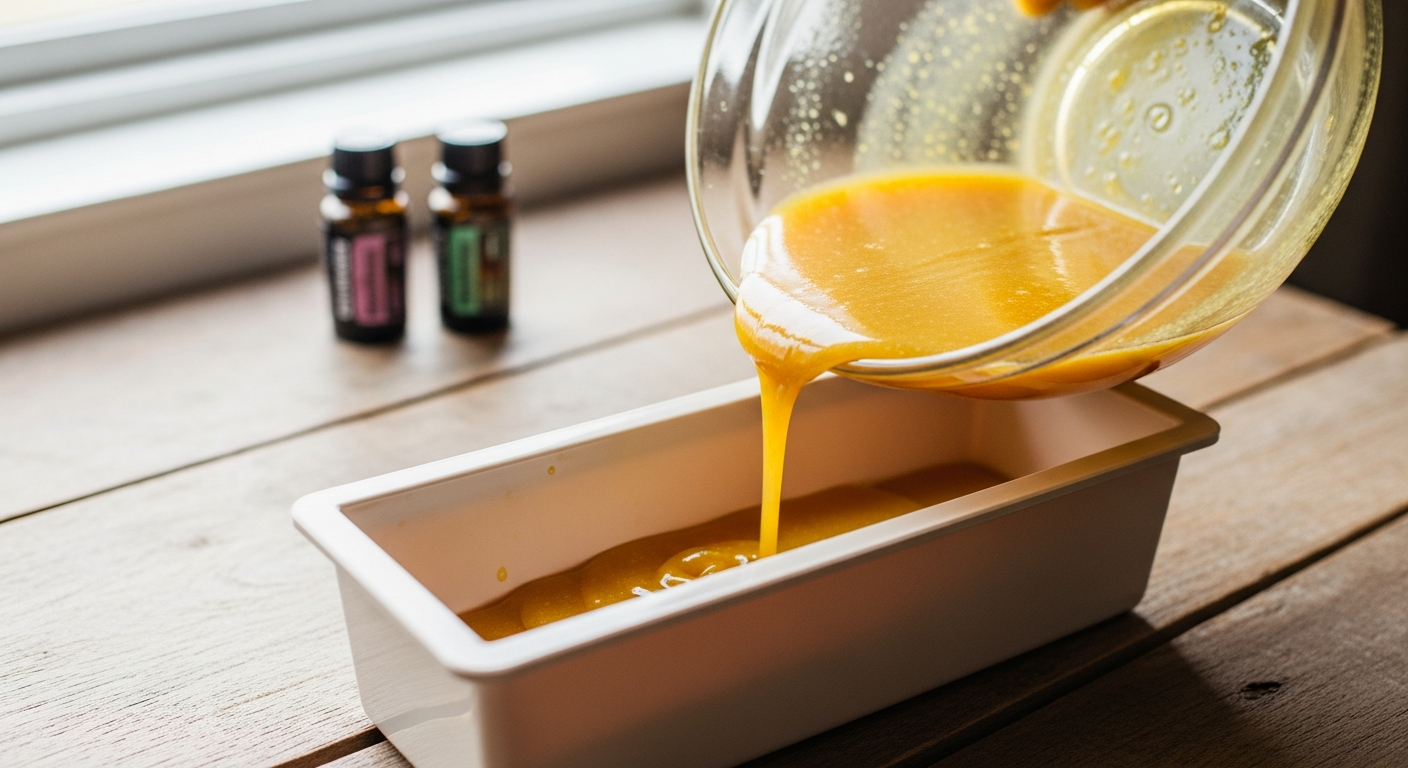 Pouring golden turmeric soap mixture from glass bowl into silicone loaf mold on rustic wood