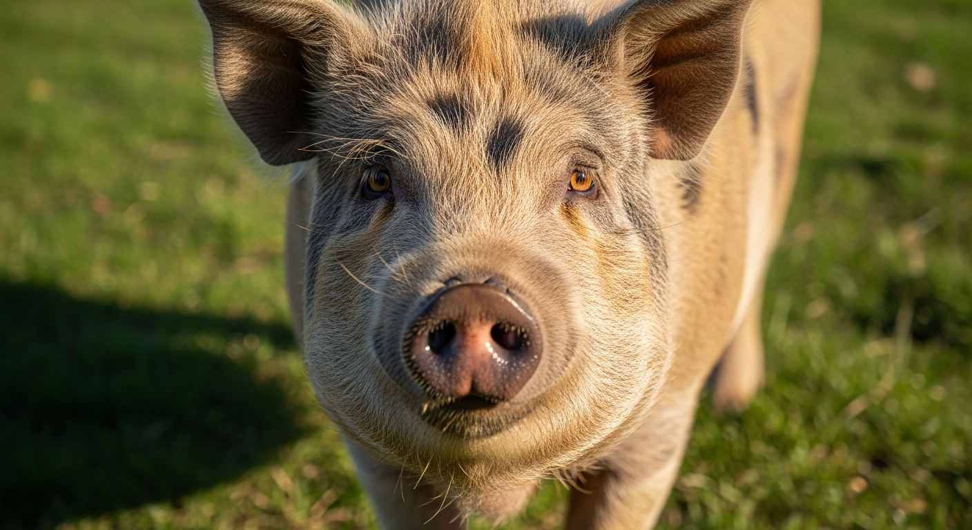 Close-up portrait of a friendly KuneKune pig with its characteristic short upturned snout and calm expression