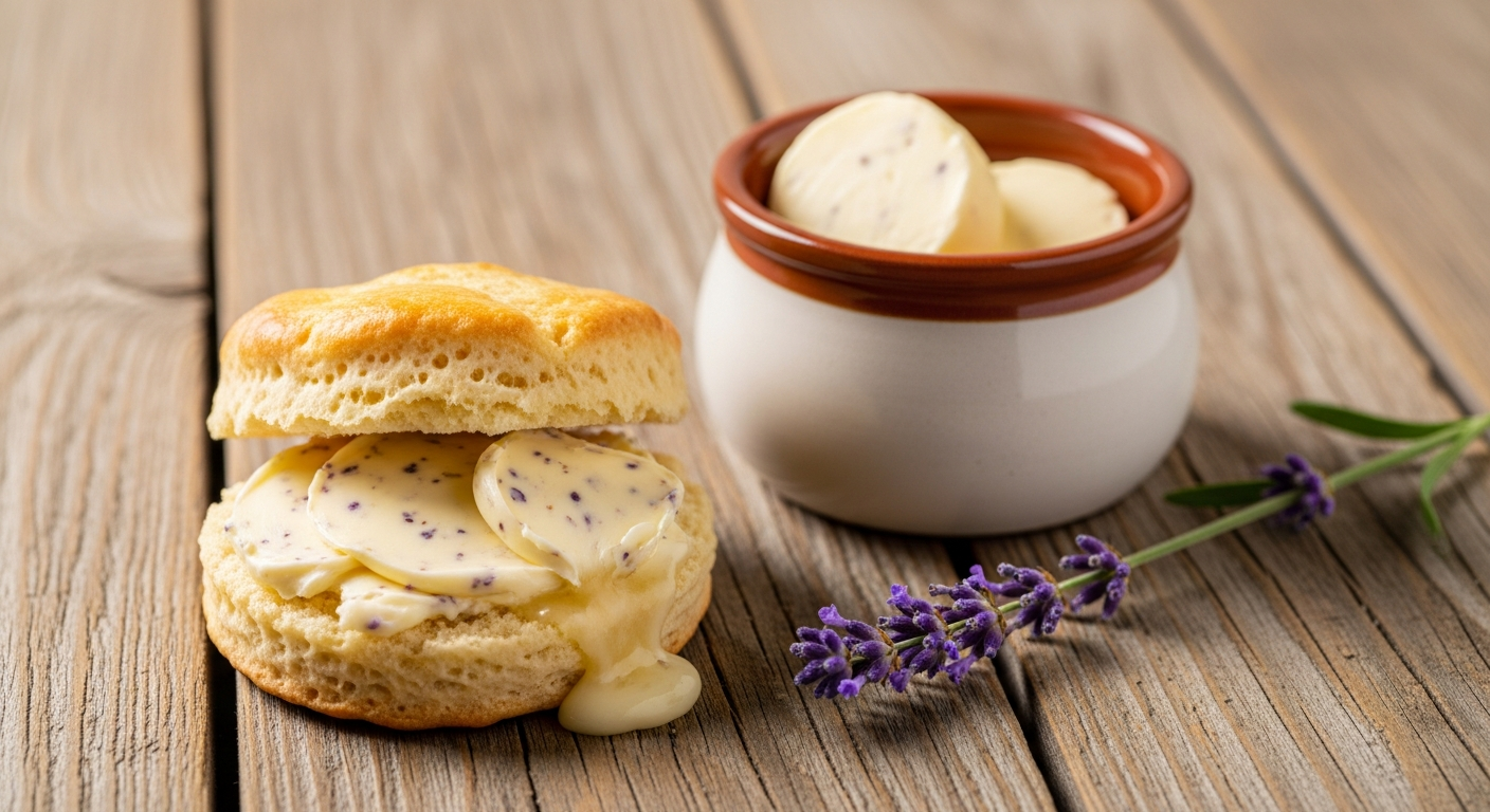 Lavender honey butter spread thick on a warm scone with a small pottery crock and lavender sprig nearby on a wood surface