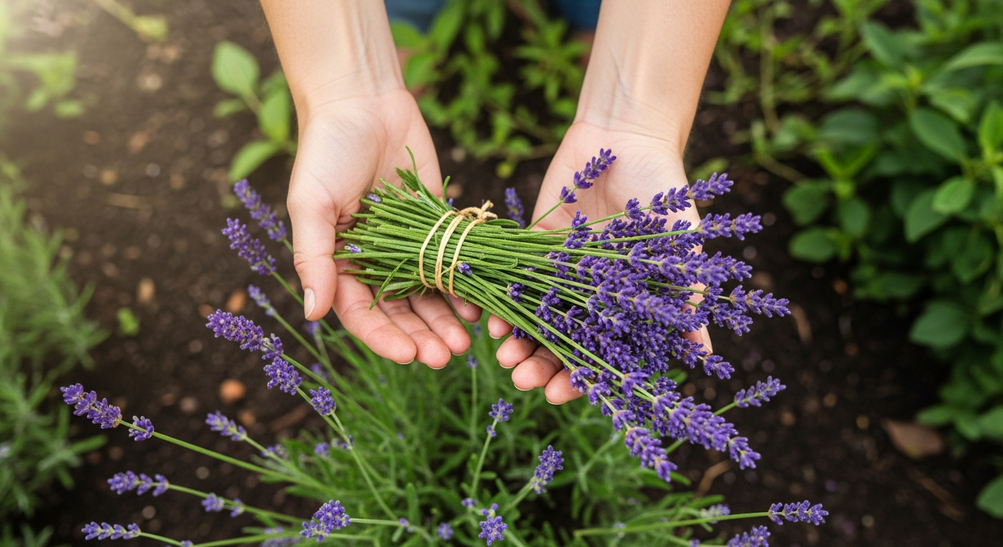 Hands harvesting fresh lavender stems from garden to use in homemade soap