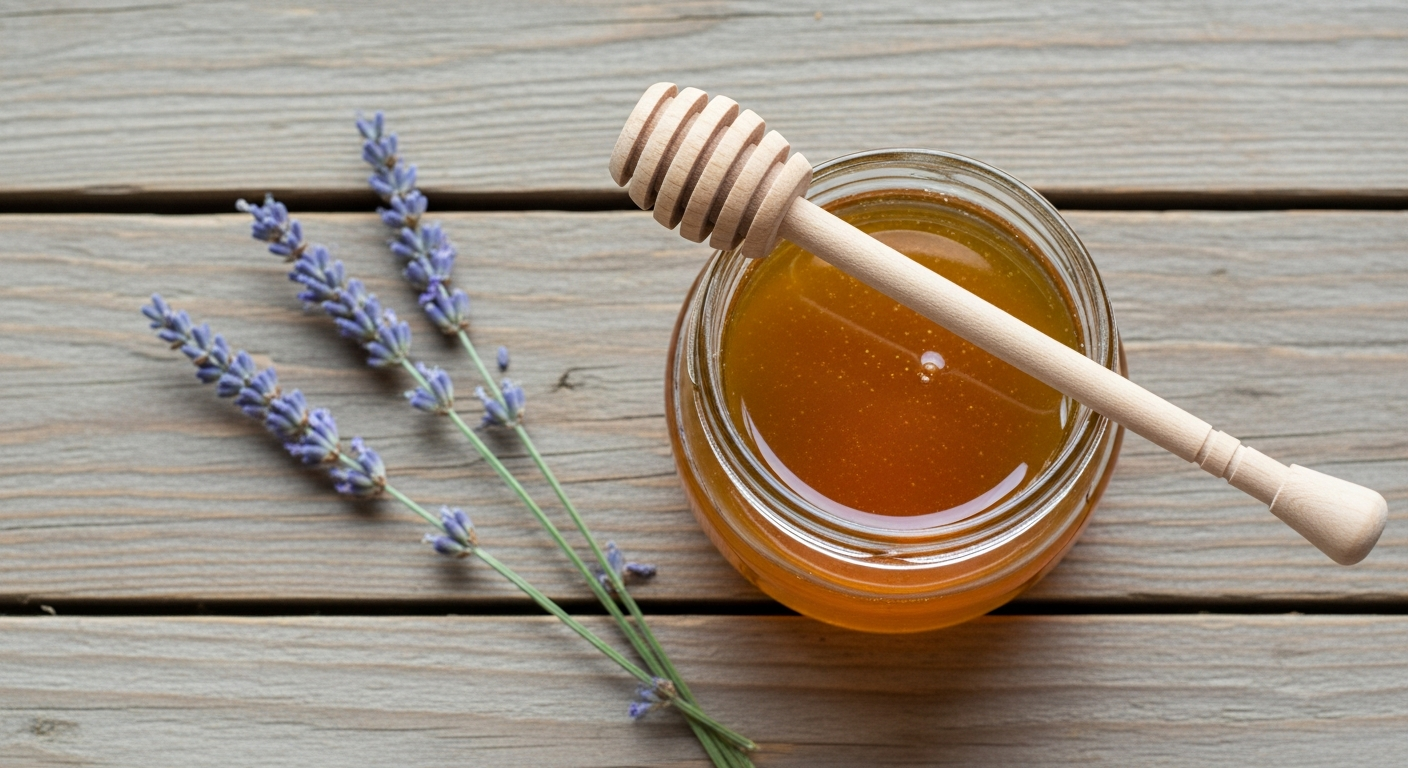 Small jar of lavender honey with a wooden honey dipper and dried lavender sprig on weathered wood