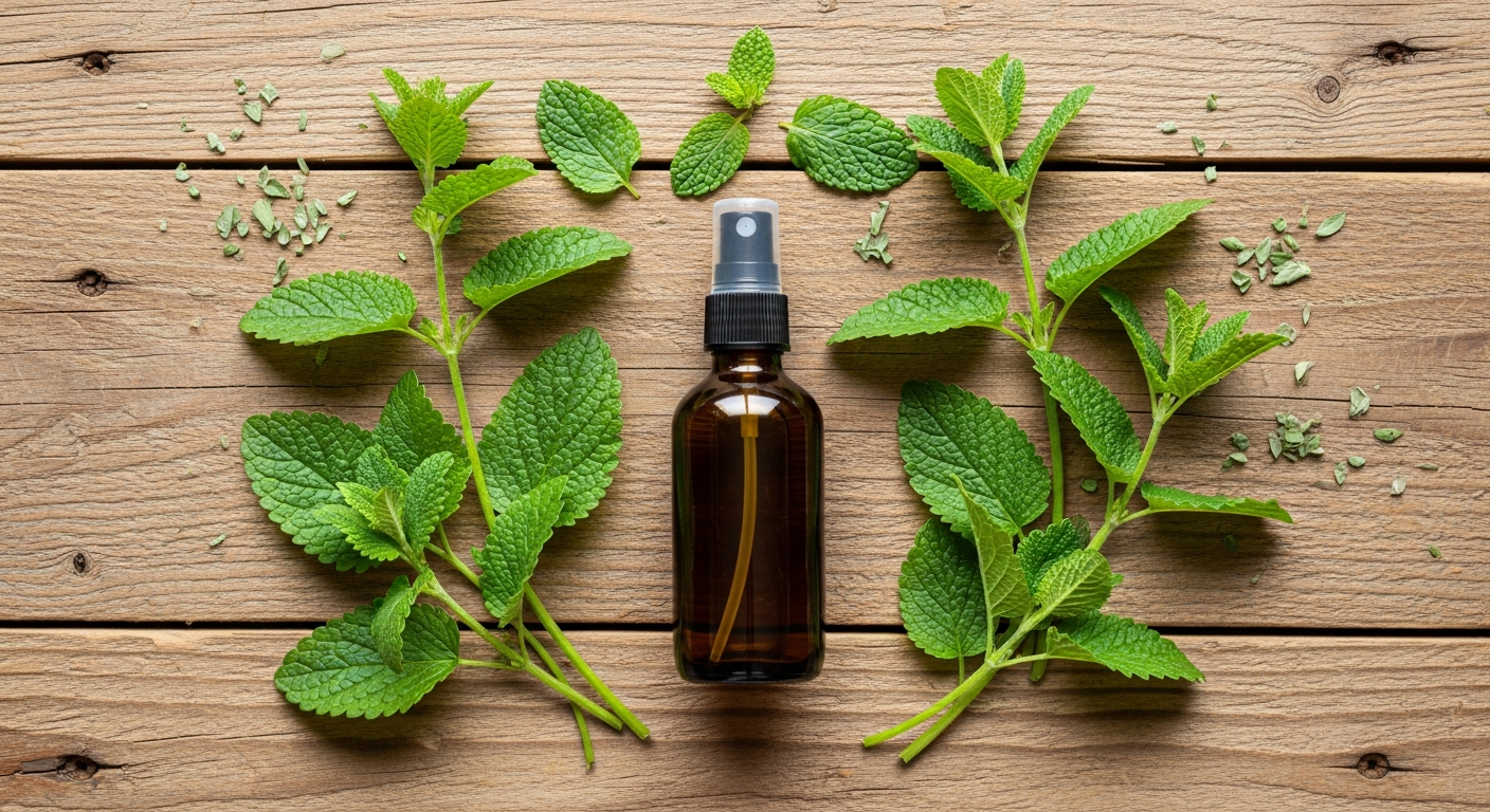 Small glass spray bottle surrounded by fresh lemon balm leaves on a rustic wood surface - homemade natural mosquito repellent