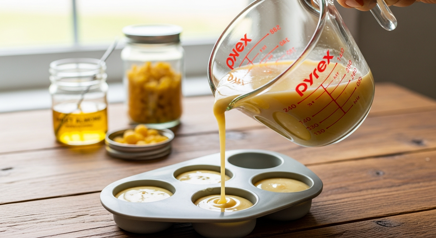 Pouring melted lotion bar mixture from a Pyrex cup into round silicone molds on a wood surface