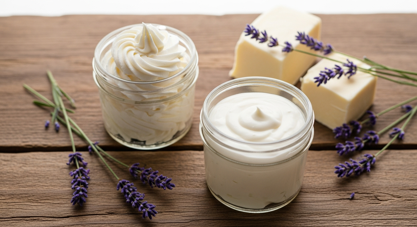 Two glass jars of homemade lotion recipe - thick body butter and smooth lotion side by side on rustic wood