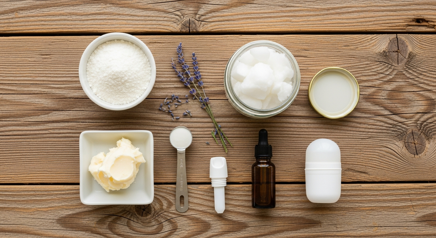 Flat lay of magnesium hydroxide deodorant ingredients including powder, coconut oil, shea butter, and essential oil on rustic wood