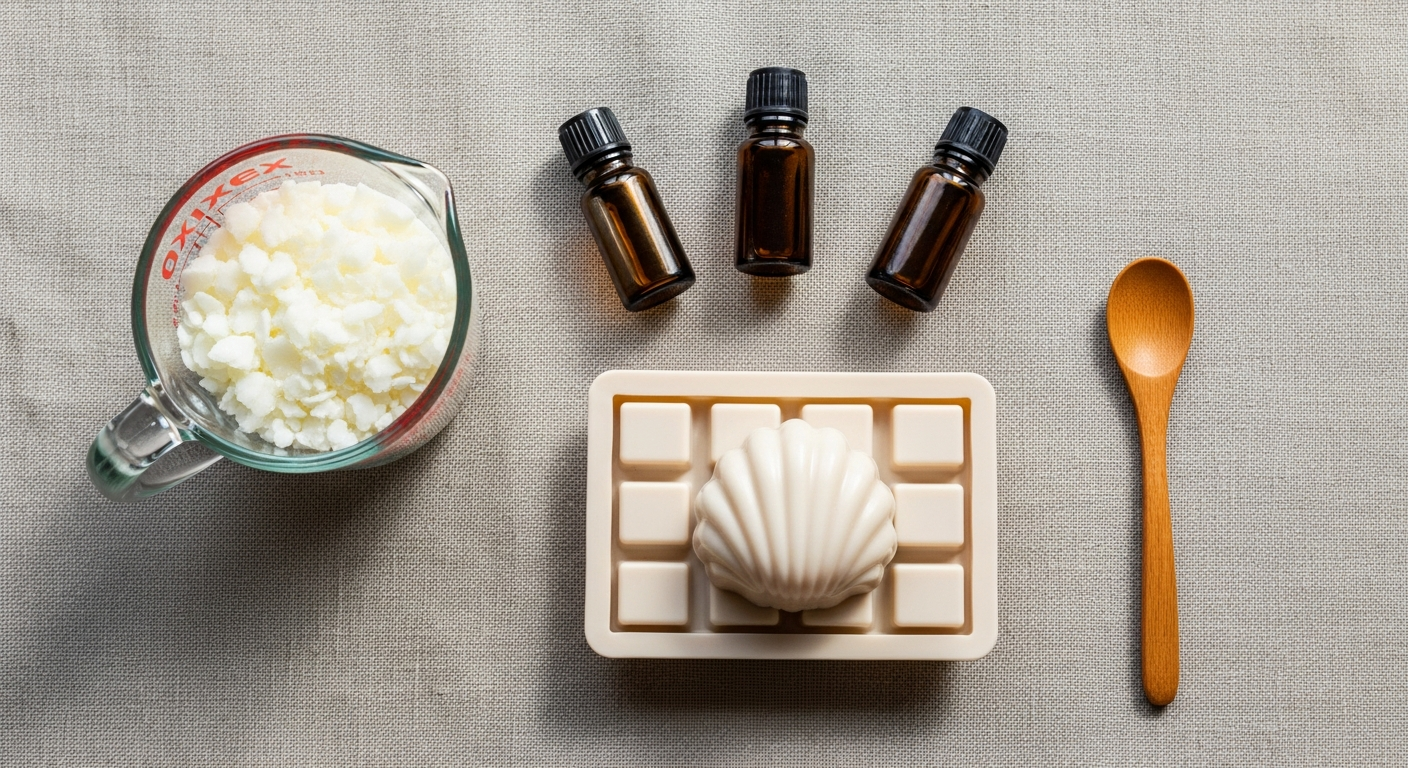 Overhead flat lay of DIY wax melt supplies including soy wax flakes, essential oil bottles, a silicone mold, and a wooden spoon on linen