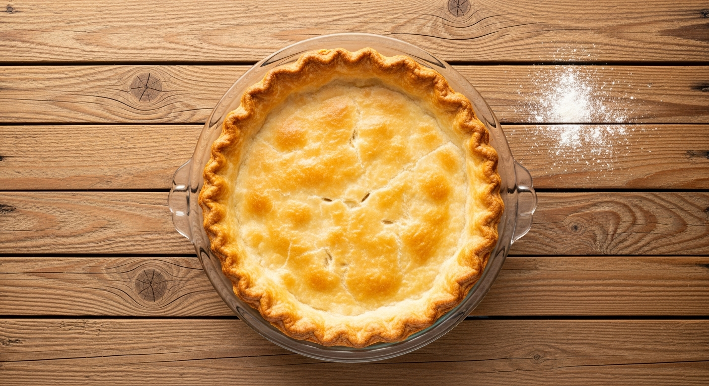 Finished golden-brown no-chill pie crust shell in a glass pie plate on a wooden surface