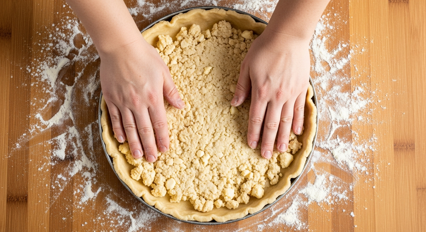 Hands pressing homemade pie dough into a rustic pie plate on a floured wooden surface