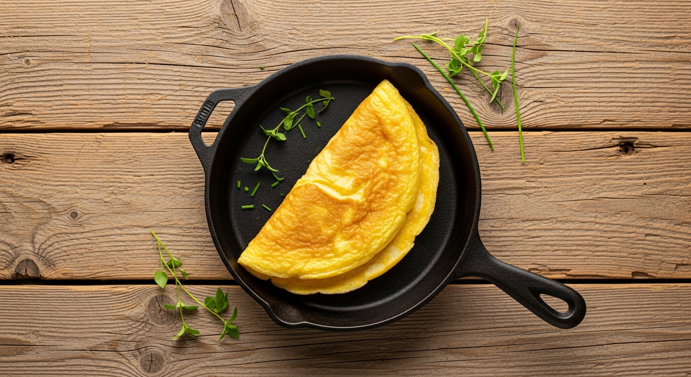 A golden folded omelette in a well-seasoned cast iron skillet on a rustic wood surface with fresh herbs scattered around