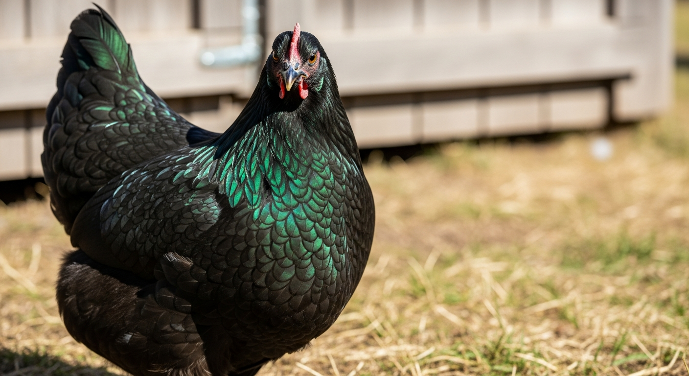 Black Orpington hen in sunlight showing the iridescent green sheen on her feathers