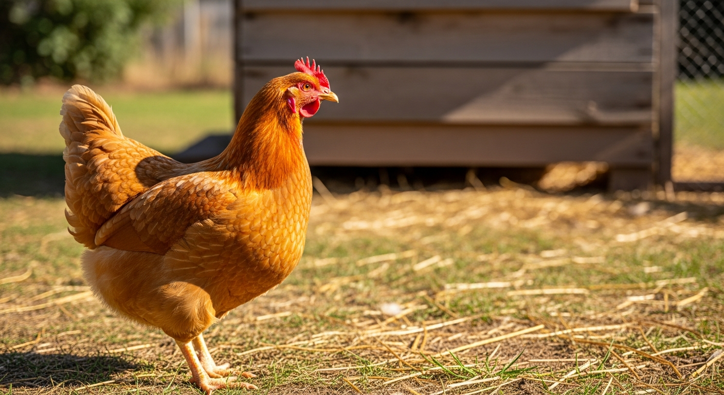 Buff Orpington hen in a sunny backyard showing her warm golden feathers