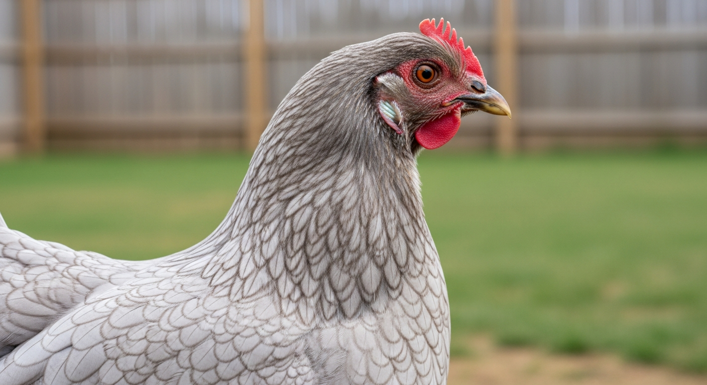 Lavender Orpington hen close-up showing her silvery-lilac feathers