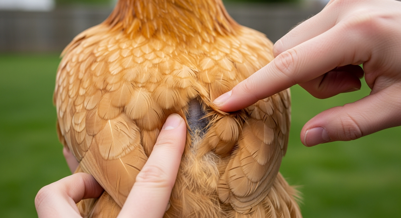 Hands parting feathers near a chicken's vent to check for mites and lice during a backyard chicken health check