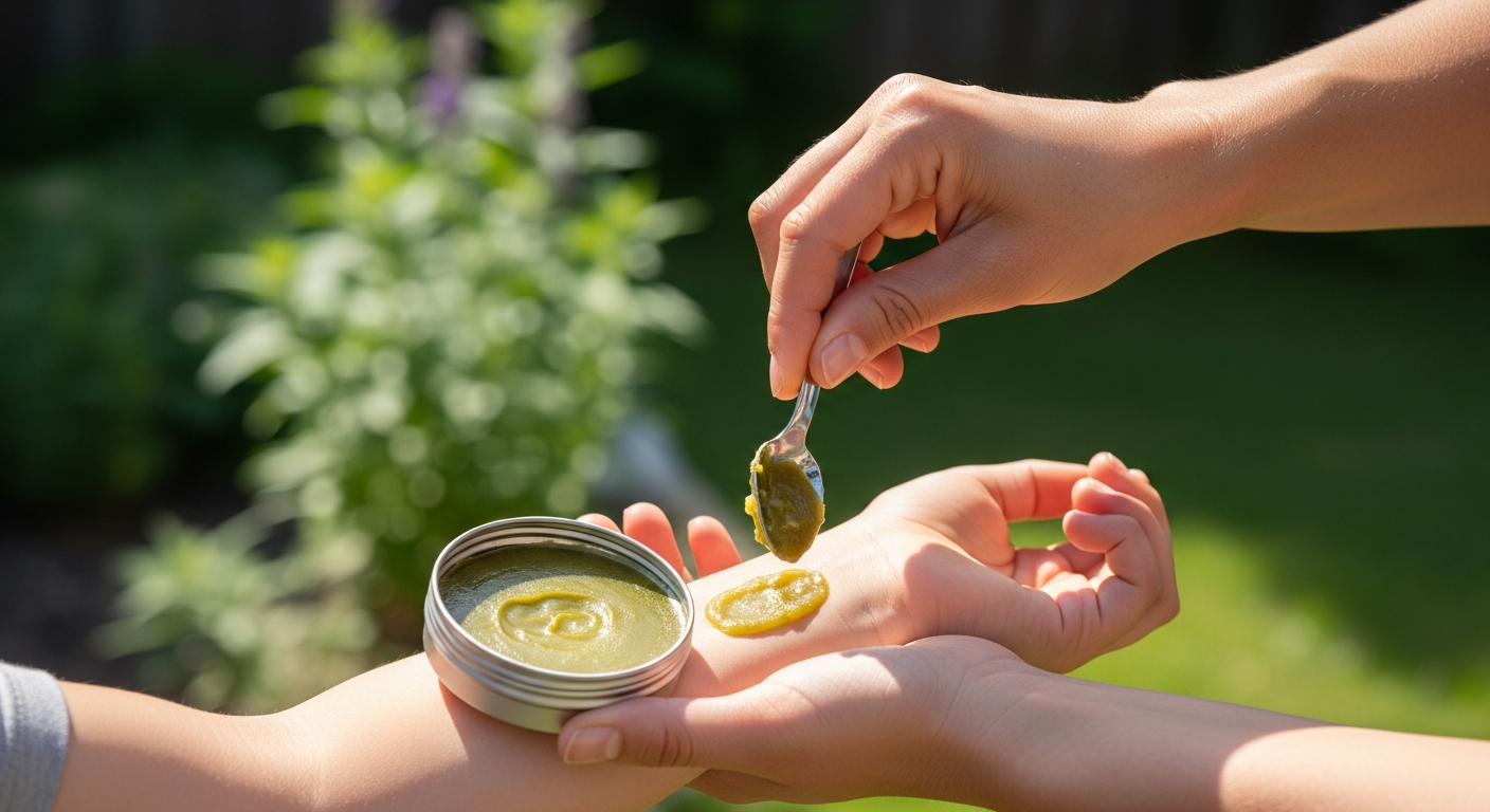 A woman's hand gently applying green plantain salve from a small tin to a child's arm outdoors in a garden
