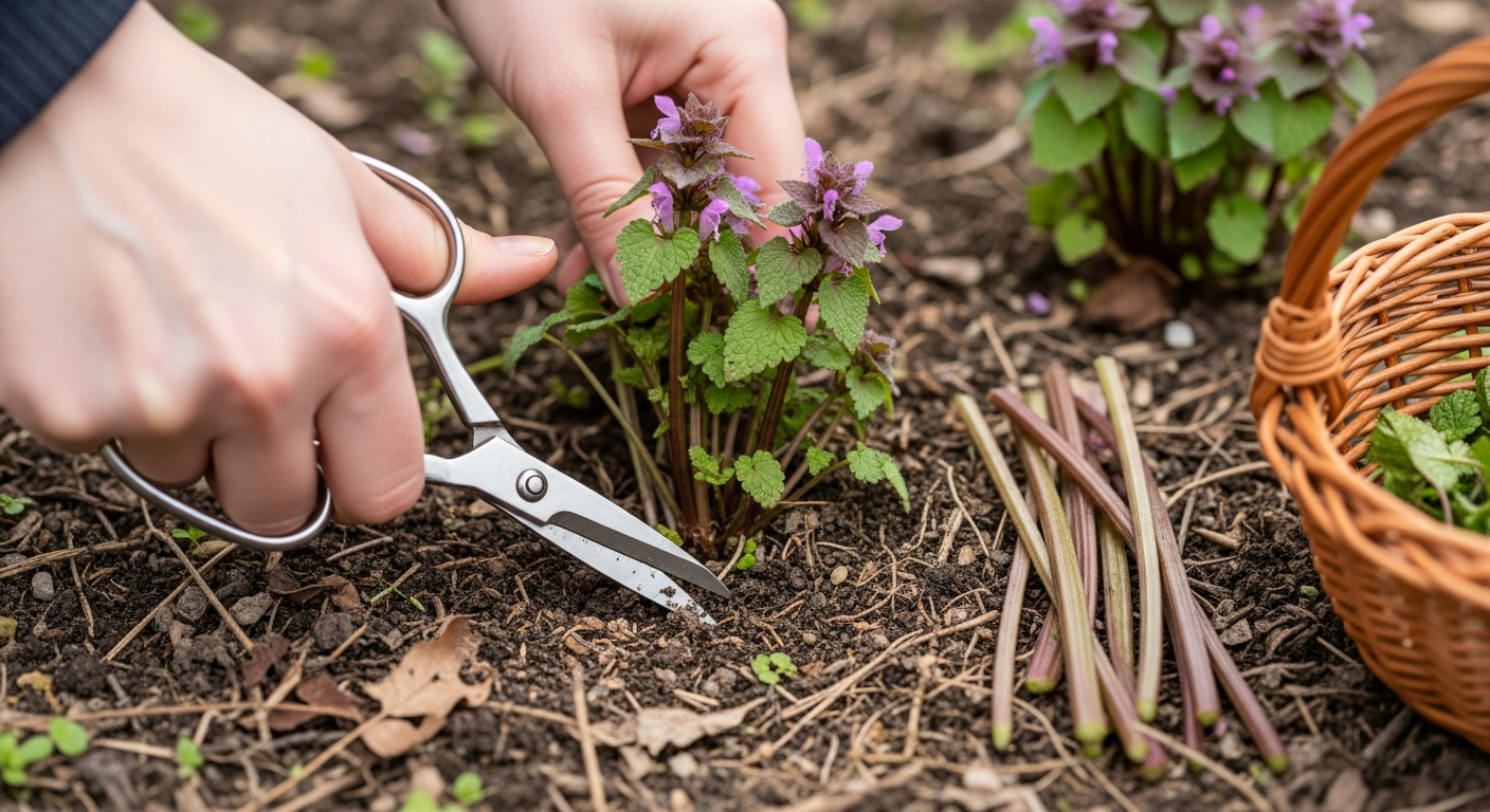 Harvesting purple dead nettle medicinal uses - scissors snipping fresh stems at ground level in early spring garden