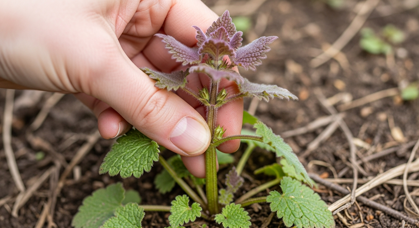 Woman's hand demonstrating purple dead nettle square stem identification with fuzzy leaves visible