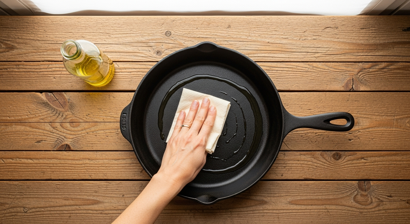 Hand applying a thin layer of oil to a cast iron skillet with a paper towel for re-seasoning