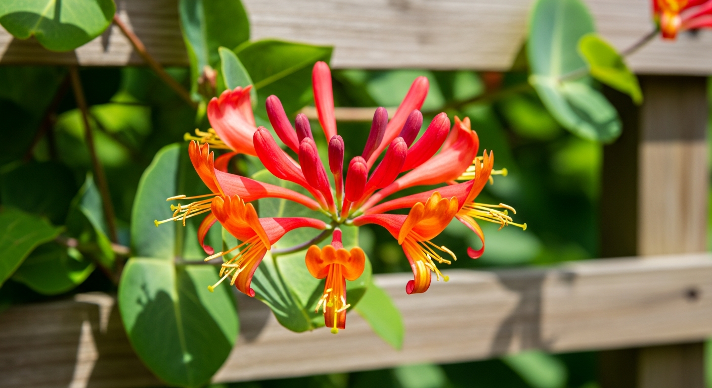Close-up of native coral honeysuckle red-orange tubular blooms on a wooden garden trellis