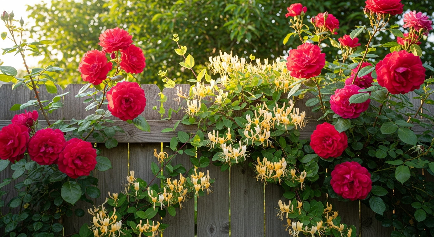 Red and pink climbing roses growing alongside honeysuckle vines on a garden fence in early summer